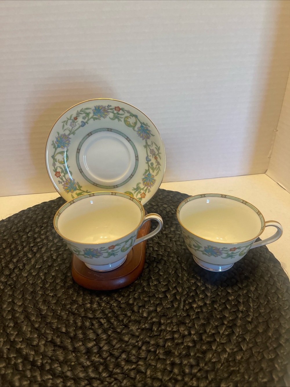 Noritake 1950sTeacup and Saucer Set - Ivory with green and Gold Trim #5042
